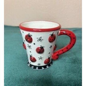 3D Ladybug Coffee Mug w/ Black/White Bow by Burton & Burton White w/ Red Trim